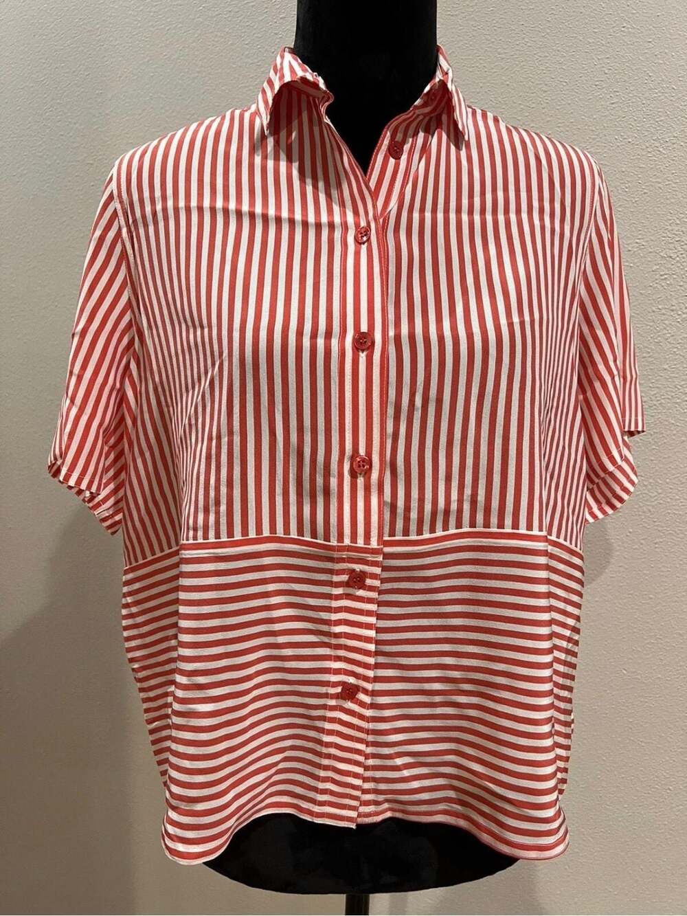 Etro Milano 100% Silk Red and White Striped Button-Down Blouse, Size 40